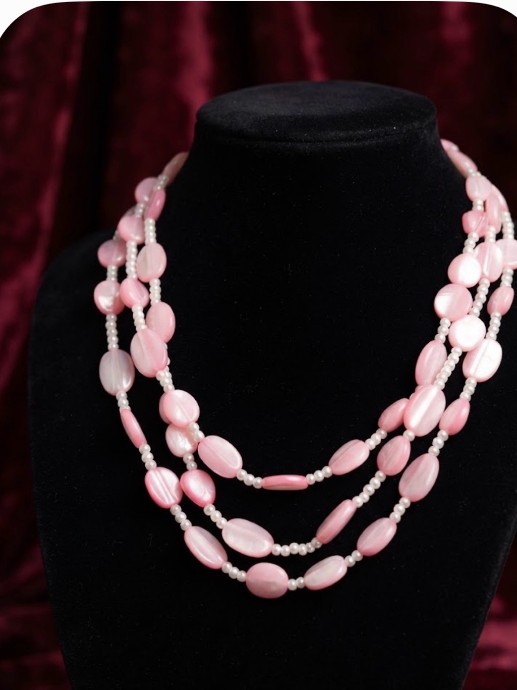 Vintage Pink Mother Of Pearl  Seed Bead Long 36 Necklace
